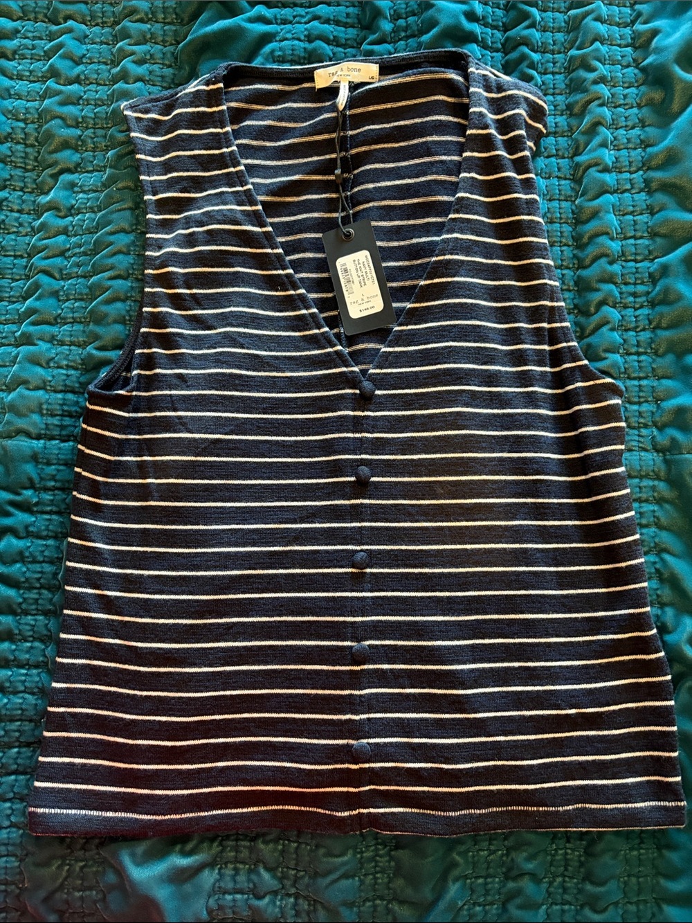 rag & bone Navy and White Striped Sleeveless Button Front Shell